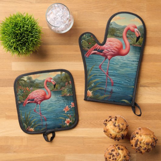 Elegant roze flamingo tropisch paradijs ovenwant & pannenlap set (Top down)