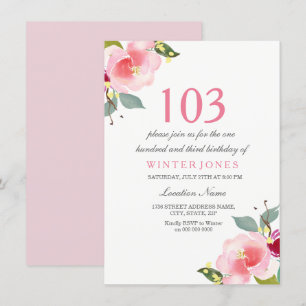Elegant roze Floral 103rd Birthday Party Invite Kaart