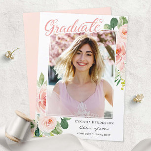 Elegant roze Floral Afstuderen Foto Afstuderen Aankondiging