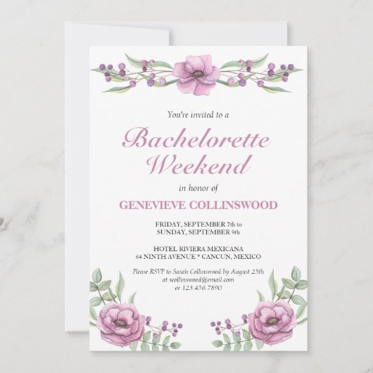 Elegant roze Floral Bachelorette Weekend Itinerary Kaart (Voorkant)