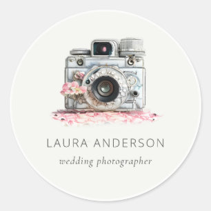 Elegant Roze Floral Camera Fotografie Ronde Sticker