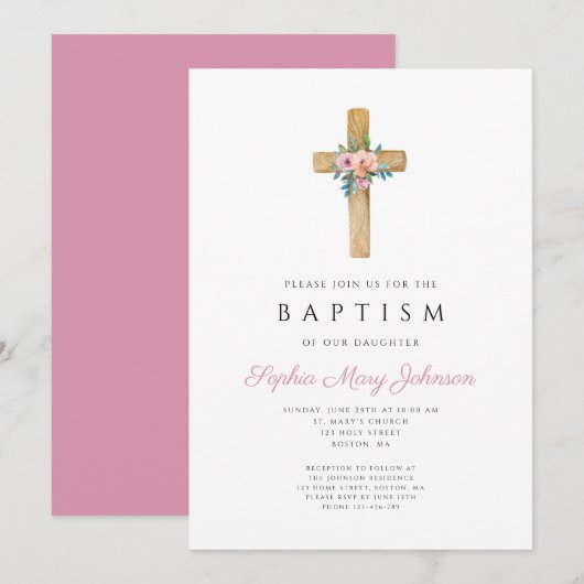 Elegant roze Floral Cross Baptisme Kaart (Voorkant / Achterkant)