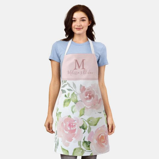 Elegant Roze floral custom monogram apron Schort (Gedragen)