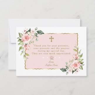 Elegant roze Floral Gold Cross Boy bevestiging Bedankkaart