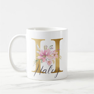 Elegant roze Floral Gold Letter Monogram H Koffiemok