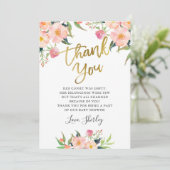 Elegant roze Floral Gold Script-Baby shower Bedankkaart (Staand voorkant)