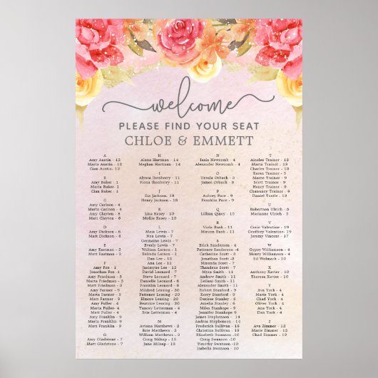Elegant roze Floral Gold Wedding Seding Chart Poster (Voorkant)