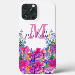 Elegant  Roze Floral Roos Monogram Naam Cas iPhone 13 Pro Max Hoesje