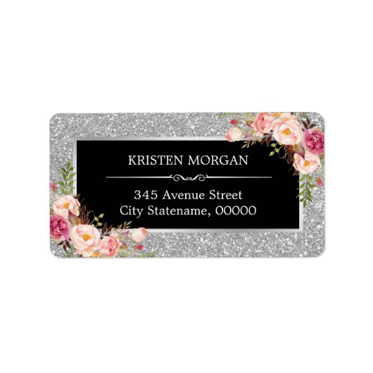 Elegant roze Floral Silver Gray Glam Glitter Etiket (Voorkant)