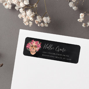 Elegant roze Floral Skull Halloween Return Address Etiket