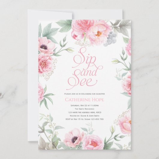 Elegant, roze, Floral Waterverf, Sip en See Kaart (Voorkant)