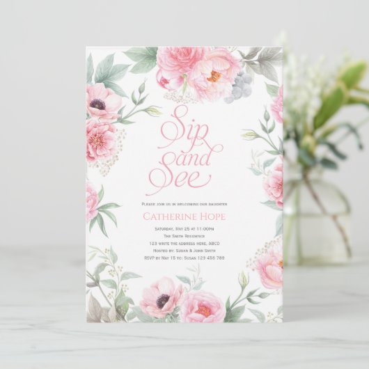 Elegant, roze, Floral Waterverf, Sip en See Kaart (Staand voorkant)