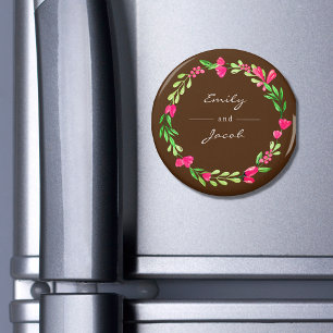 Elegant roze Floral Wreath Brown Naam van paar Magneet