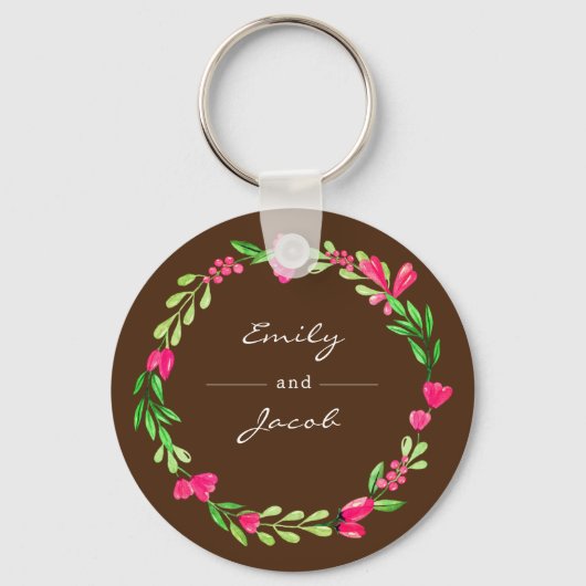 Elegant roze Floral Wreath Brown Naam van paar Sleutelhanger (Voorkant)