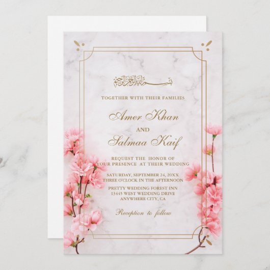 Elegant roze florale moslimbruiloft Uitnodigingen (Voorkant / Achterkant)