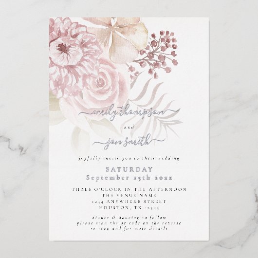 Elegant roze Florals QR Code Weddenschap Real Folie Uitnodiging (Voorkant)