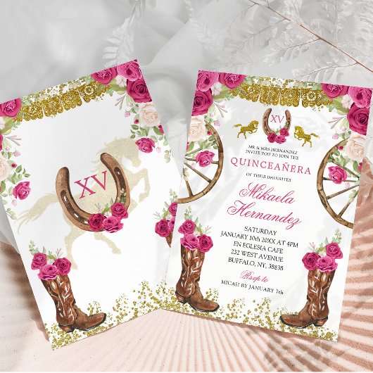 Elegant Roze Fuchsia Rood Rose Charra Quinceañera Kaart