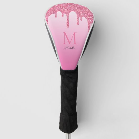 Elegant Roze Glitter Drift Monogram Naam Golfheadcover (Voorkant)