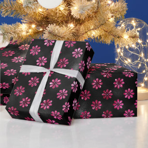Elegant roze glitter en zwart bloemenpatroon cadeaupapier