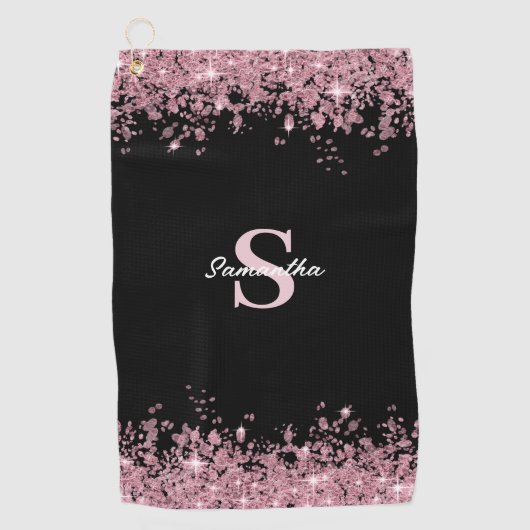 Elegant roze Glitter Monogram Naam Golfhanddoek (Voorkant)