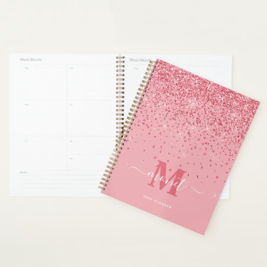Elegant Roze Glitter Monogramnaam Planner (Display)