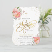 Elegant roze & Gold Floral Girl Baptism Invitation Kaart (Staand voorkant)
