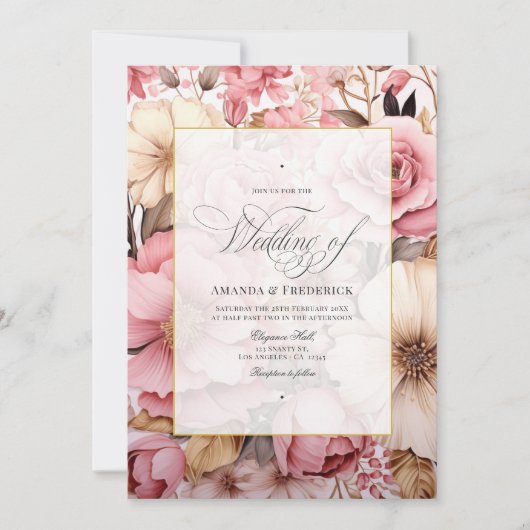 Elegant roze goud bloemenbruiloft kaart (Voorkant)