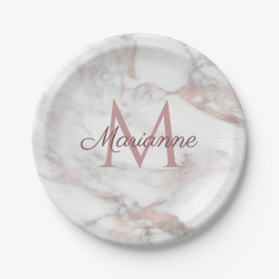 Elegant Roze Gouden Marmer Ontwerp Monogram Sjablo Papieren Bordje