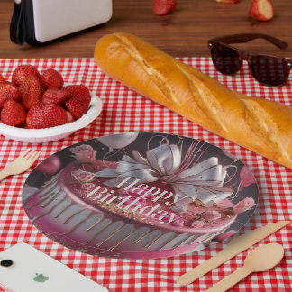 Elegant Roze & Gouden Verjaardagstaartontwerp Papieren Bordje