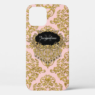 Elegant roze goudglitter scrolt  monogram iPhone 12 hoesje