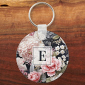 Elegant Roze Grijs Bloemen Monogram Sleutelhanger (Voorkant)
