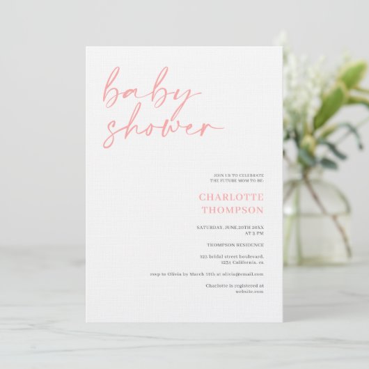 Elegant roze grijs casual script baby shower kaart (Staand voorkant)