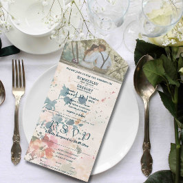 Elegant Roze Groen Waterverf Bloemen Foto All In One Uitnodiging