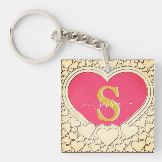 Elegant Roze Hart en Initiaal, Naam Stijlvol Sleutelhanger (Voorkant)