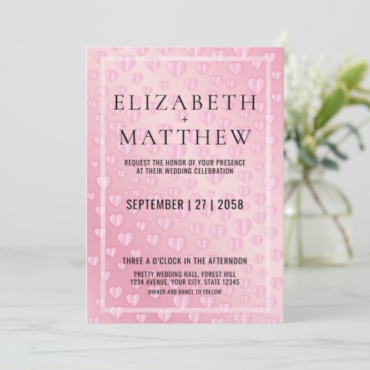 Elegant roze hartje Speckles Uitnodiging Kaart Tem (Staand voorkant)