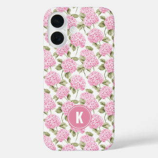 Elegant Roze Hortensia Bloemen Patroon Monogram iPhone 16 Hoesje