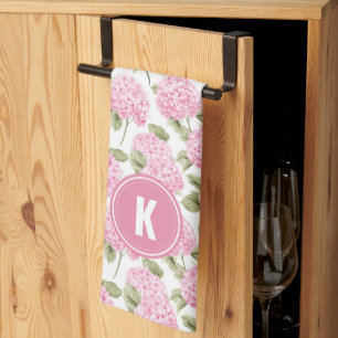 Elegant Roze Hortensia Bloemen Patroon Monogram Theedoek