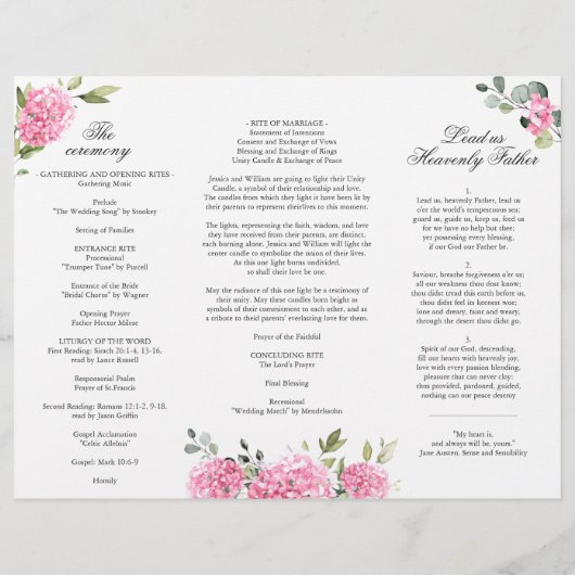 Elegant roze Hydrangea bruiloft ceremonie programm (Achterkant)