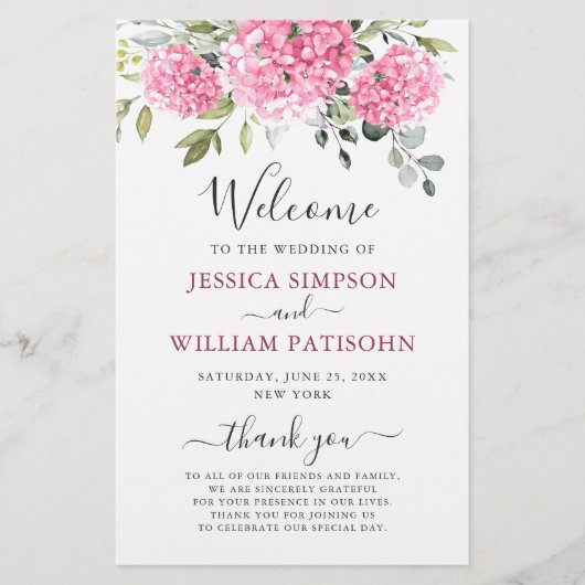 Elegant roze Hydrangea bruiloft ceremonie programm (Voorkant)