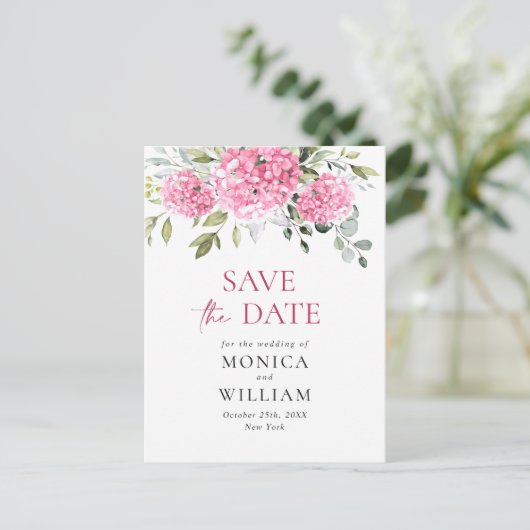 Elegant Roze Hydrangea Bruiloft Save the Date Briefkaart (Staand voorkant)