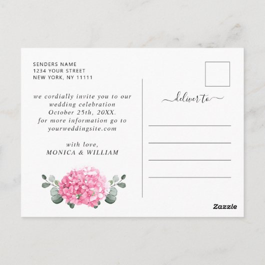 Elegant Roze Hydrangea Bruiloft Save the Date Briefkaart (Achterkant)