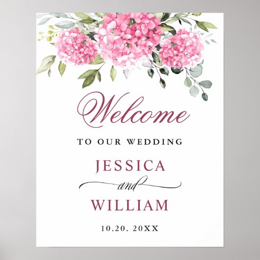 Elegant Roze Hydrangea Eucalyptus Bruiloft Welkom Poster (Voorkant)