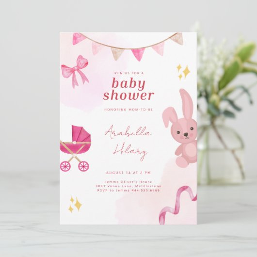 Elegant roze konijn Baby shower uitnodiging (Staand voorkant)