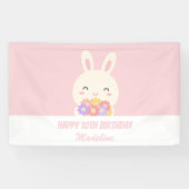 Elegant roze konijn en bloemen meiden verjaardag spandoek (Horizontaal)