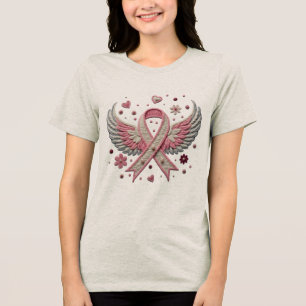 Elegant Roze Lint met Engelenvleugels Borduurwerk Tri-Blend Shirt