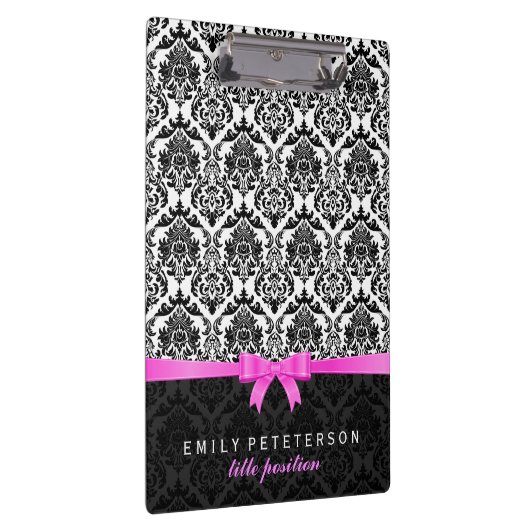 Elegant Roze Lint Zwart & Wit Damasks Klembord (Rechts)