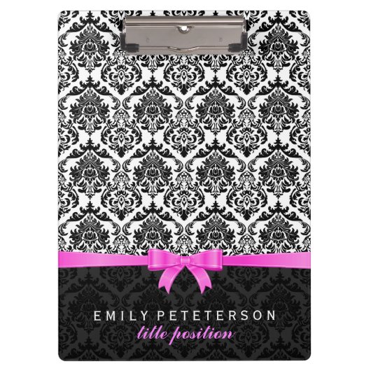 Elegant Roze Lint Zwart & Wit Damasks Klembord (Voorkant)