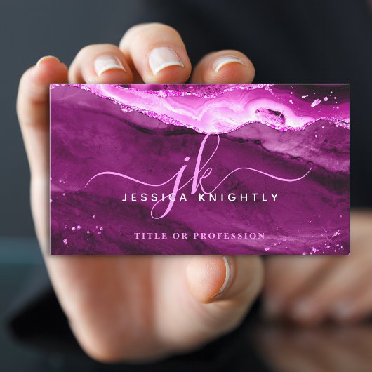 Elegant roze magenta Agate Glitter Script Monogram Visitekaartje