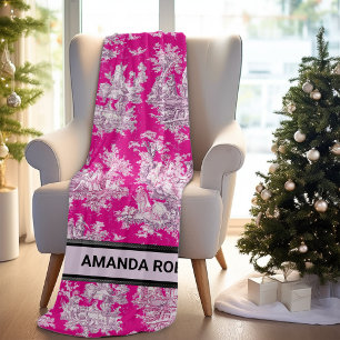 Elegant  roze magenta meer toile de jouy fleece deken