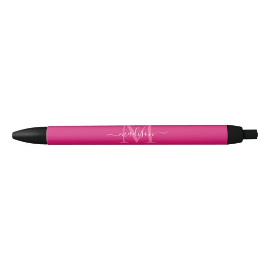 Elegant Roze Magenta Wit Monogram Script Naam Zwarte Inkt Pen (Voorkant)